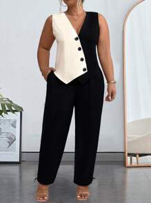 SHEIN CURVE+ Bộ 2 món áo vest chắp vá thường ngày cỡ lớn cho nữ - Nhiều màu - Xem 4