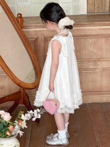 DAZY Young Girl Plain Color Sleeveless Bowknot Strap Minimalist Fashion Summer Dress - White - View 3
