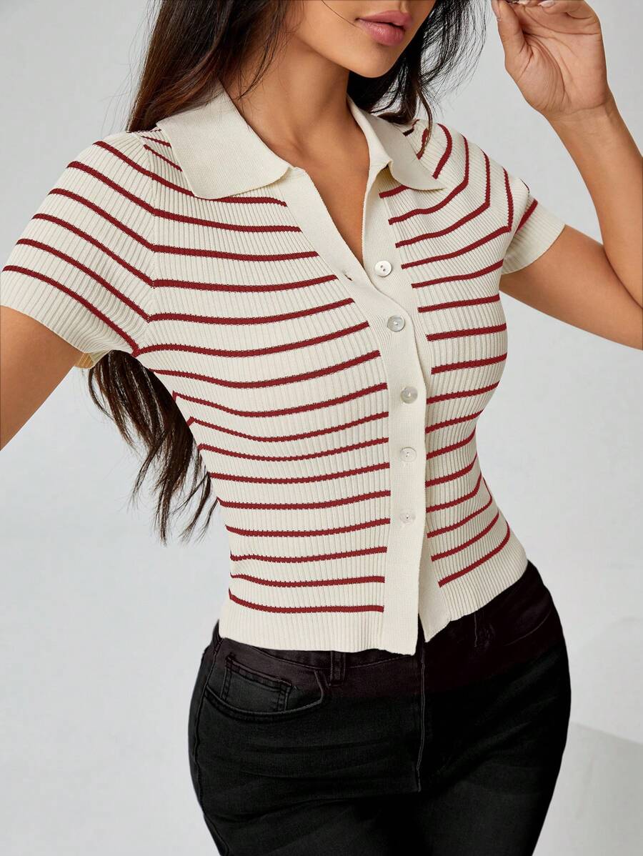 SHEIN PETITE Suéter de botones con rayas estilo "preppy" para mujer - Rojo - Ver 1