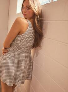 Aralina Vestido mini de verano de estilo cottage core para mujer con detalles de cordones, fruncidos y cuadros a cuadros - Negro - Ver 2