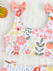 SHEIN Ensemble de bikini pour jeune fille avec imprimé floral en patchwork, volants roses et décoration papillon