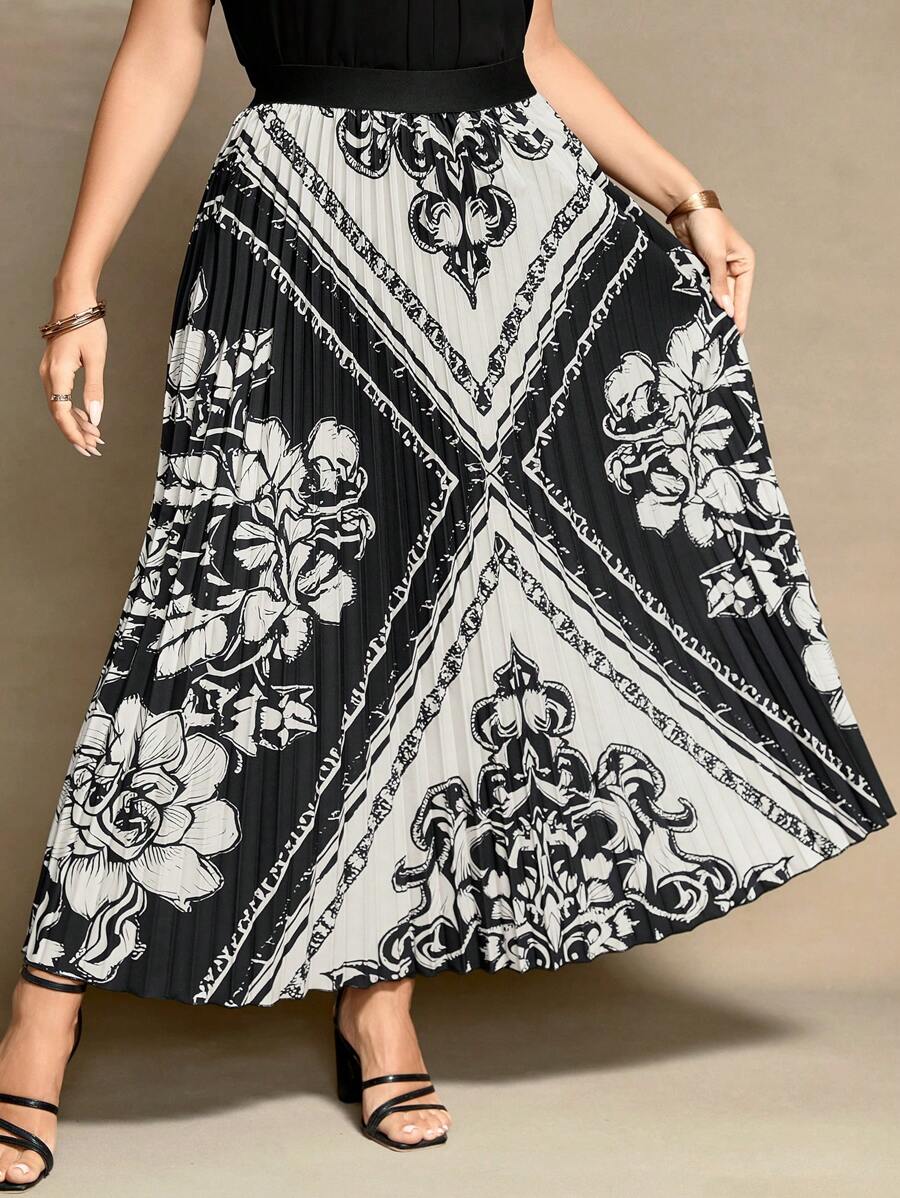 SHEIN LUNE Plus Size Women's High Waist Floral Pleated Midi A-Line Skirt, Summer Fall Cloth For Women - Multicolor - View 1