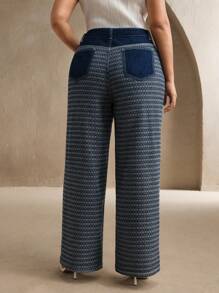 Anewsta 女款休闲牛仔提花宽松阔腿裤 - 藍色 - 查看 3