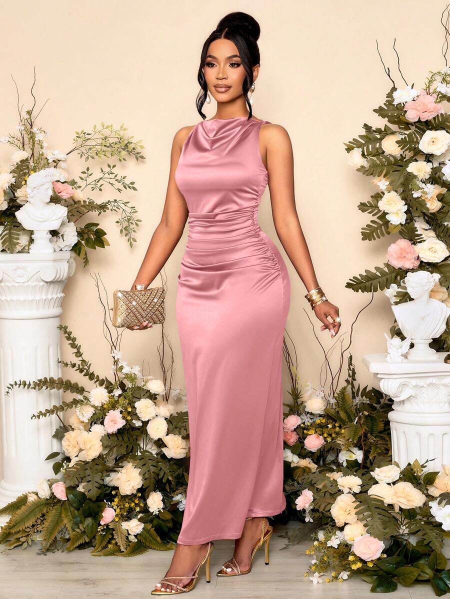 SOLERSUN 女士优雅纯色垂领褶皱无袖派对礼服，非常适合宴会 - 藕粉色 - 查看 1
