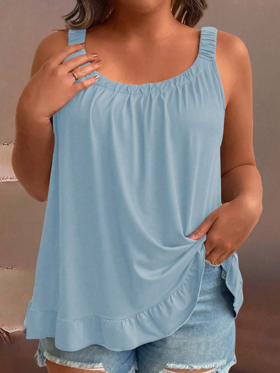 SHEIN 大码纯色细肩带和背心，夏季时尚 - 淺藍色 - 查看 1