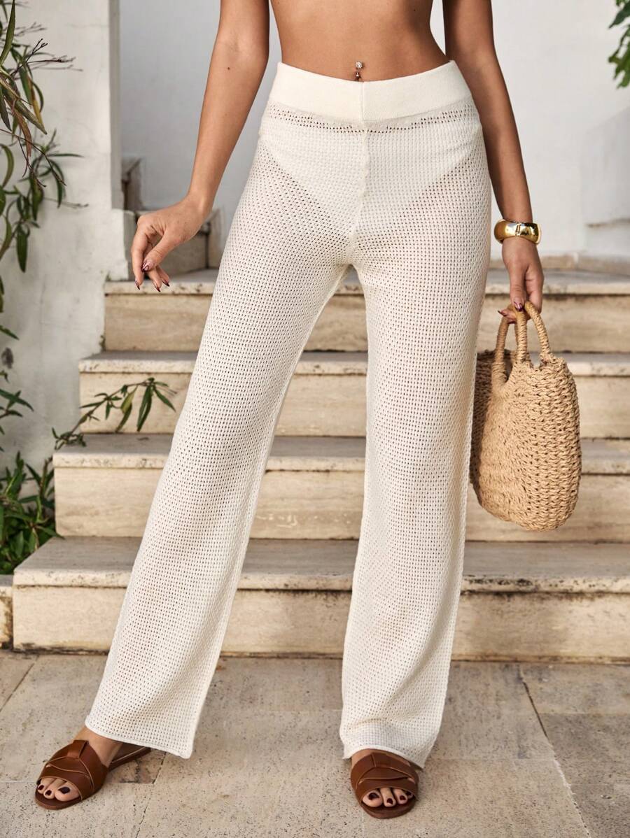 EURMUSE Spodnie z szerokimi nogawkami i wycięciami na wakacjach, szydełkowane, Seethgrough, dzianinowe, okrywające - Biały - Zobacz 1