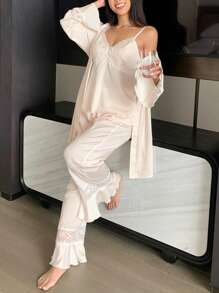 DAZY Bộ 3 món/Bộ áo choàng ren chắp vá tay bèo nhún lãng mạn có thắt lưng, áo hai dây và quần ngủ cho nữ, trang phục thu đông - Màu be - Xem 7