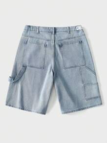 SHEIN Forever 21 Quần short denim rộng rãi in chữ màu xanh nhạt cho nam/Quần short denim nam/Thường ngày/Rộng rãi/Phong cách đường phố - Rửa nhẹ - Xem 2