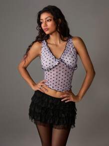 TRNVIE Spring & Summer Romantic Light Purple Polka Dot Mesh Floral V-Neck Tank Top For Women