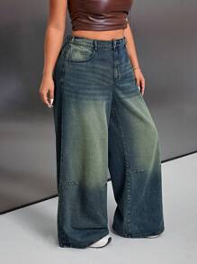 SHEIN x Lina SHEIN ICON Jeans holgados desgarrados lavados de estilo Y2K talla grande - Azul lavado oscuro - Ver 5