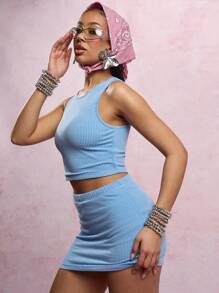 SUMWON WOMEN Ribbed Jersey Crop Top And Mini Skirt Co-Ord Set, Y2K Style Fitted Two Piece Outfit With Accessories, Festival Summer Matching Set