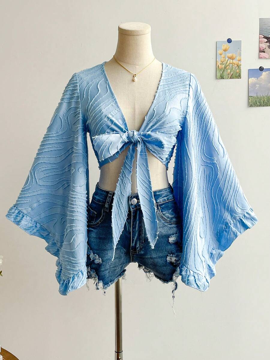 Soleia Women's Summer Vacation Beige Woven Texture Open Front Tie-Waist Flare Sleeve Ruffle Cuff Blouse, Hippie Western Music Festival Easter Carnival Afternoon Tea Party,Rave Top - Baby Blue - View 1