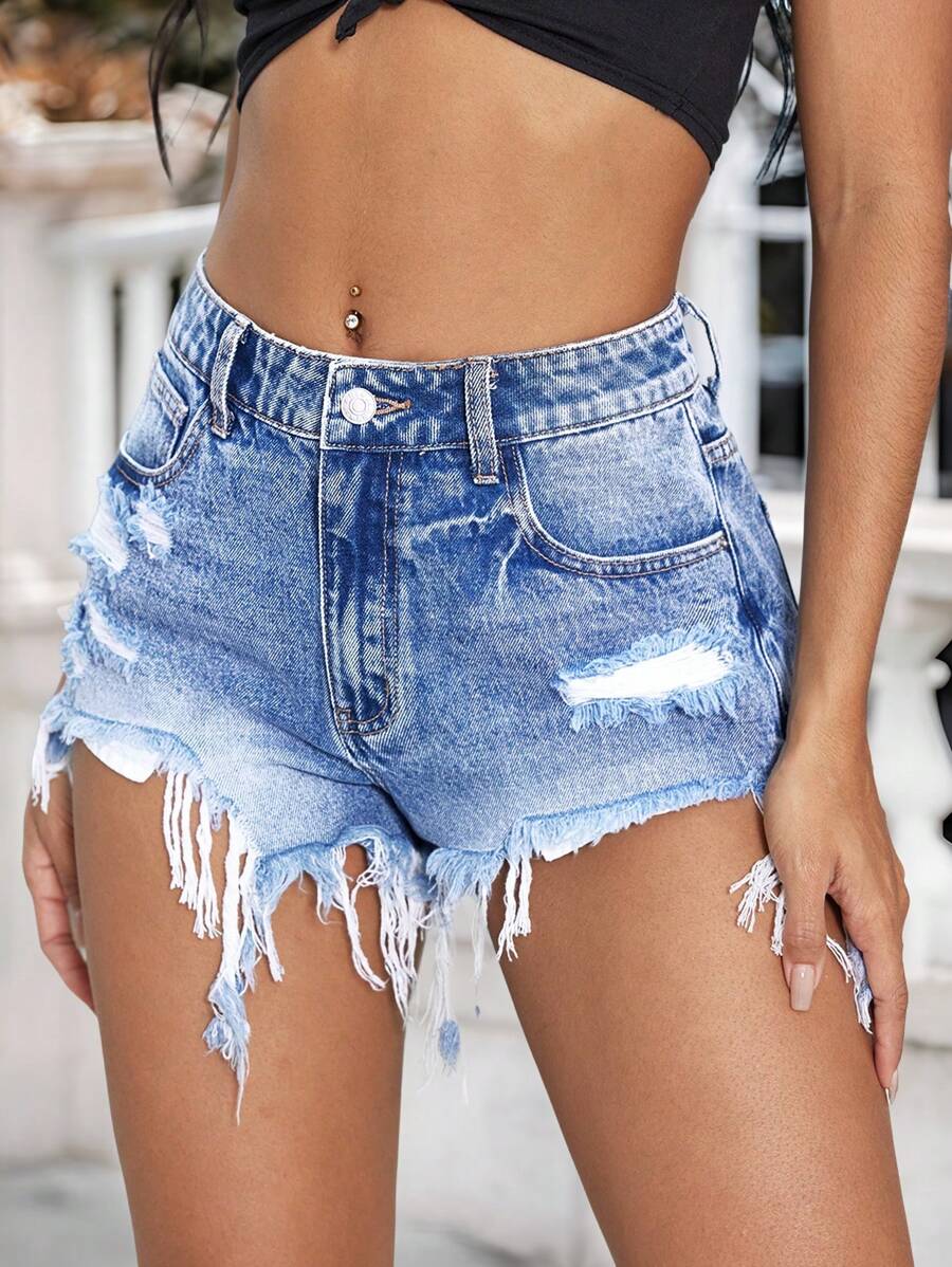 Breezaya Women's Casual Denim Ripped Shorts With Pockets - Light Wash - View 1