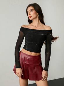 SHEIN Tall 女士闪亮船领派对性感单肩 T 恤上衣 - 黑色 - 查看 6