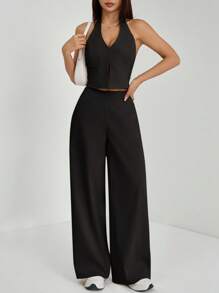SHEIN PETITE Spring/Summer Office Lady V-Neck Sleeveless Top With Open Back & Wide Leg Pants, Slimming And Lengthening Outfit For Streetwear
