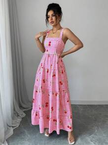 Elenzga Women's Blue Plaid & Cherry Print Ruffle Trimmed Slip Dress For Vacation - Pink - View 3