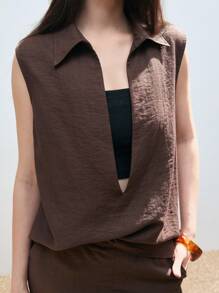 LYSMO Conjunto de 2 piezas de top sin mangas de cuello en V profundo en color marrón sólido y falda midi con bolsillos largos, de tela de lino cómoda, estilo casual de vacaciones, estilo de dinero antiguo, atuendo de viajero urbano, uso diario, uso de oficina.