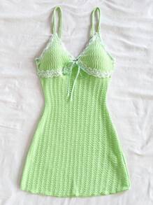 Soleia V-Ausschnitt Farbblock Rüschen Trim Figurbetontes Schleifen Dekor Camisole Kleid - Grün - Übersicht 5