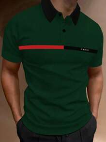 Manfinity Homme Plus Size Men Letter Print Color Block Short Sleeve Casual Polo Shirt