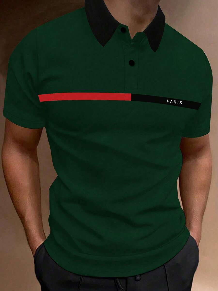 Manfinity Homme Plus Size Men Letter Print Color Block Short Sleeve Casual Polo Shirt