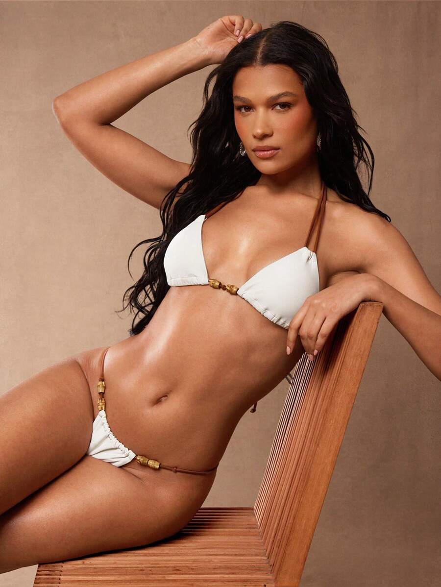 Hauture BIKINI TOP WITH WOODEN BEAD DETAILS AND FAUX SUEDE STRAPS For Summer Beach Vacation - Apricot - View 1