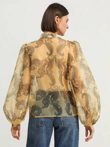 Revavyn 优雅佩斯利花纹与花卉透明雪纺印花灯笼袖宽松女式衬衫，春夏 - 彩色 - 查看 2