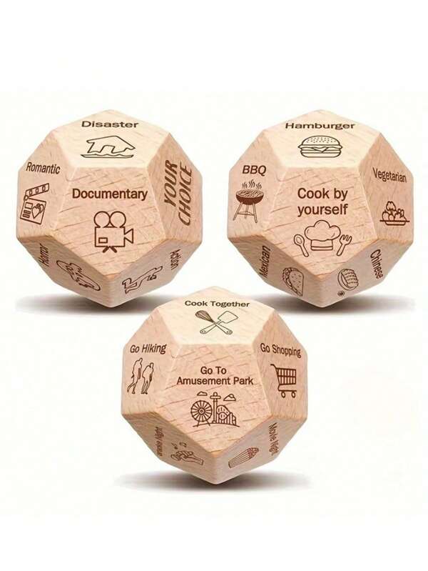 SHEIN 3pcs Couples' Decision Dice Set - Perfect For Date Night, Food & Movie Ideas - Ideal Gift For Boyfriend, Girlfriend, Husband, Wife On Christmas, Birthday, Valentine's Day