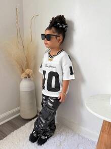 SLAYR KIDS Young Girl Casual Street Style V-Neck Loose Short Sleeve Top - White - View 5