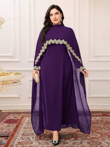 Modelyn Plus Size Women Arabic Style 2pcs Set : Applique Contrast Color Cape Jacket & Dress, Modest
