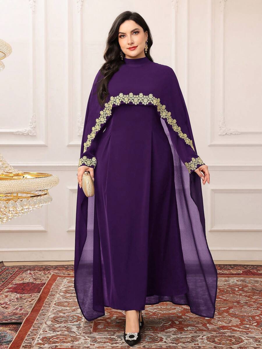 Modelyn Plus Size Women Arabic Style 2pcs Set : Applique Contrast Color Cape Jacket & Dress, Modest