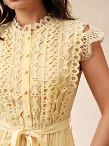 Anewsta Petite Yellow Elegant Waist Ruffle Splice Cap Sleeve Dress For Women - Yellow - View 3