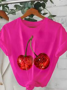 Flirla Große Größen Kirschprint Kurzarm T-Shirt, Lässig Sommer