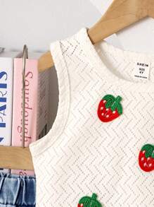 Set de 2 piezas para niñas (talla pequeña) - Chaleco sin mangas blanco de punto transpirable de verano y pantalones cortos vaqueros azules con estampado de fresa, conjunto casual y lindo para adolescentes