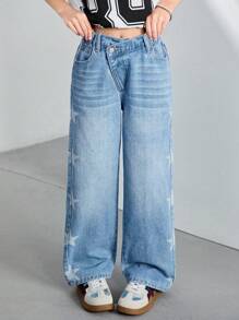 Denimly Girls' Fashion Casual Star Print Adjustable Waist Zipper Fly Washed Denim Jeans - Medium Wash - View 4