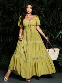 Sunnyshic Abito elegante e romantico con volant e pizzo, adatto per vacanze o matrimoni in taglie comode
