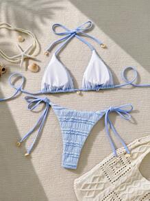 Swim Mod 2pcs/Set New Summer Women Beach Bikini Set, Jacquard Fabric Cute Bikini Swimsuit With Side Tie - Blue - View 3