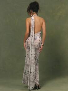 MUSERA Vestido largo elegante, sexy y de ocasión para graduación, fiesta o vacaciones, con un hombro, cuello con pañuelo anudado y estampado floral, ajustado y de largo hasta los tobillos, para primavera y verano - Verde - Ver 3