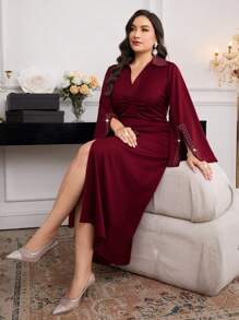 Modelyn Elegantes Kleid für Damen in Übergröße, einfarbig, Strass, Plisseekragen, lange Ärmel - Bordeaux - Übersicht 6