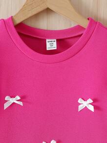 SHEIN 1 件 Tween 女童 3D 蝴蝶结装饰短袖百褶裙宽松款，春夏 - 玫紅色 - 查看 5