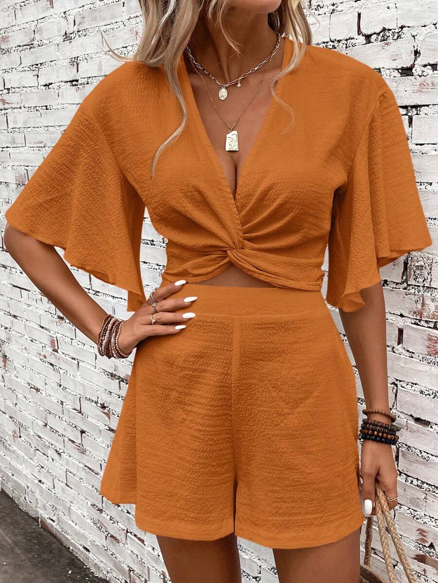 SHEIN Clasi Twist Front Butterfly Sleeve Crop Top & Shorts Two Pieces Set - Orange - View 1