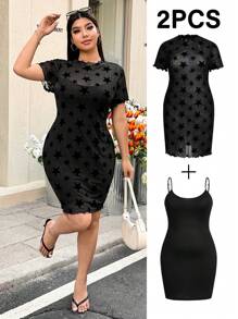 SHEIN EZwear 2pcs/Set Plus Size Women Vacation Star Velour & Mesh Dress,Spring Summer Clothes,Concert Outfit Women,Rave Outfits Festival,West