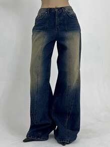 DAZY Quần Jeans Ống Rộng Rộng Rách Cho Nữ, Phong Cách Thời Trang Tối Giản Phù Hợp Cho Mùa Hè - Màu xanh lam - Xem 1