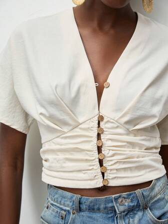 Lumivelle Damen V-Ausschnitt Kurzarm Rüschenbesatz Gepasster Crop Bluse