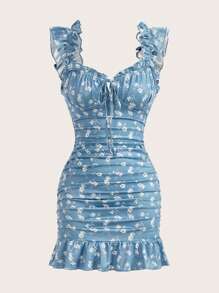 SHEIN VCAY Vestido ajustado con estampado floral de vacaciones, fruncido, volantes y detalle de nudo en el frente, volantes en el bajo, para primavera y verano - Neblina azul - Ver 1