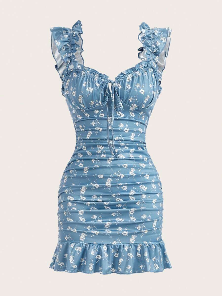 SHEIN VCAY Vestido ajustado con estampado floral de vacaciones, fruncido, volantes y detalle de nudo en el frente, volantes en el bajo, para primavera y verano - Neblina azul - Ver 1
