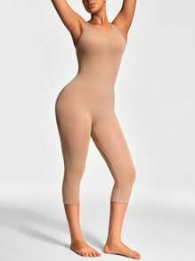SHAPORA Women Seamless Solid Color Suspender Shaping Jumpsuit - Capri Pants - Apricot - View 4