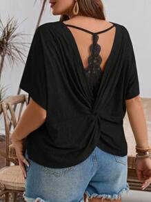 SHEIN Frenchy Plus Size Leisure Lace Patchwork Back Twist Hollow T-Shirt