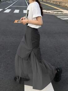 FRIFUL 女士时尚优雅直筒网眼拼布裙女裙生日女夏装女夏季套装女加大码黑色短裙长裙