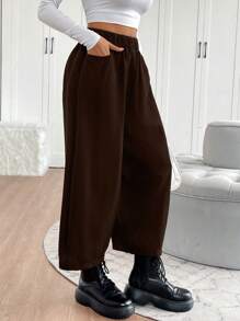 Chiquease Women Solid Color Elastic Waist Pockets Loose Casual Wide Leg Pants - Coffee Brown - View 5