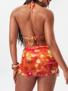 Swim EVENT Women's 3 Pieces Set All Over Print Sunset Gradient Bright Summer Bikini Set With Tie Side Beach Dress - Multicolor - View 5
